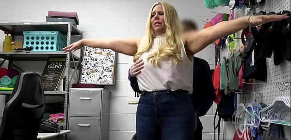  BBW milf Karen Fisher offers her voluptuous body to security officer Jett if he lets her go for stealing jewelry in the store and not involve the police.